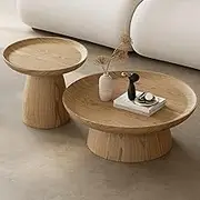 EKDJSN Wooden End Table Set of 2, Round Nesting Coffee Table, Concave Desktop Design, Rustic Wood Nesting Tables, for Living Room, Wood Color(35in+20in)