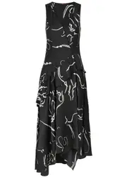 High Swathe Printed Satin Midi Dress - Black - 48 (UK16 / XL) 48 (UK16 / XL)