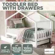 Solid Pine Timber Single Kids House Bed Frame with Storage Drawers White