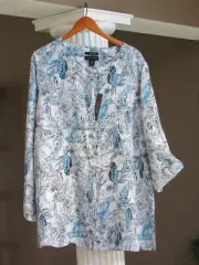 TAHARI Blue White Black COLLARLESS 100% Linen Button Down Shirt Tunic Top 1X NWT