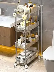 4-Tier Plastic Rolling Utility Cart, 12CM Wide, Movable Storage Organizer with Wheels, Slim Storage Cart Trolley for Narrow Places in Kitchen, Bathroom, Office, Living Room