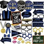 2025 Graduation Party Supplies - Photo Booth Props, Blue Black Gold Pose Signs, Upgraded Version With Long Paper Sticks and Double-Side Tapes (35Pcs)