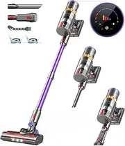 CHEBIO 45000Pa/550W/70min Cordless Vacuum Cleaner with Automatic Suction Setting, Vacuum Cleaner with Anti-Tangle Brush & LED Display for Carpet, Hard Floor, Pet Hair