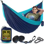 Durable Hammock 400 lb Capacity - Lightweight Nylon Camping Hammock Chair - Double or Single Sizes w/Tree Straps and Attached Carry Bag - Portable for Travel/Backpacking/ (Navy, Medium)