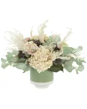 Creative Displays Hydrangea & Sedum Arranged in Ceramic Pot with Eucalyptus