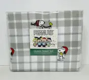 Berkshire Peanuts Snoopy Snow Sledding Plaid QUEEN Sheet Set White & Gray 4 Pc
