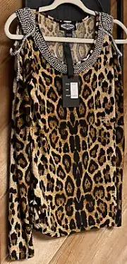 OLIVER WOMEN'S TOP. SIZE: M. LEOPARD PRINT. BEADED. LONG SLEEVE OFF. SCOOP-NECK