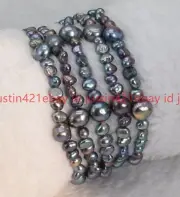 Women's 5 Strands 4-5mm 9-10mm Black Freshwater Baroque Pearl Bracelet 7.5''