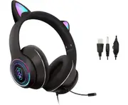 Cat Ear Gaming Headset with Microphone, Stereo Headphones with Flashing Lights, Black