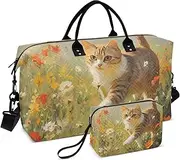 [ZRYSMY] Duffel Bag for Traveling, Cat Garden Florals Travel Bag Gym Bag, with Multiple Interior Pockets Shoulder Weekender Bag for Women Men with Toiletry Bag 20.5L x 1.9W x 13.8H, Multi-Colored, one
