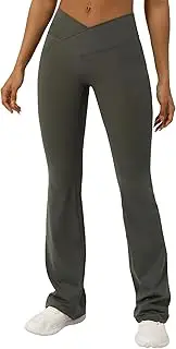 [Adigau] Flares Crossover Waist Yoga Flared Pants Breathable Quick Drying Bootcut for Women High Waisted Tummy Control Workout Leggings Gym Casual Work