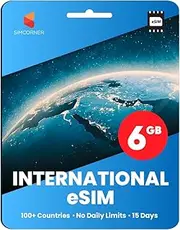 Global Travel eSim Card - 6GB Fast Data for 15 Days. No Daily Limit. Easy Activation. Data Only International Travel e SIM Card. Use World Wide. Suits eSim Compatible Mobile Phones, Ipads and Tablets