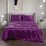 2000TC Art Silk Satin Queen Sheet Set Hotel 4 Pieces Fitted/Flat Sheet Bedding Set(Purpe,Queen)