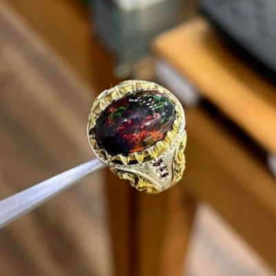 Natural Black Opal Australian Multi Color Black Opal Ring Men's Opal Gift 925