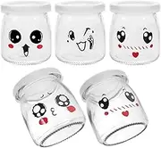 Luxshiny 5pcs 200ml Cute Pudding Jars Glass Yogurt Containers Clear Glass Jars with Lids for Milk Jams Jelly Mousse Honey and More (Random Pattern)