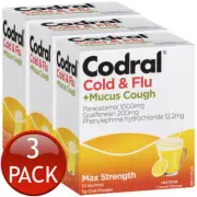 3 x Codral Cold & Flu + Mucus Cough Max Strength Hot Drink Powder Lemon 10 Pack