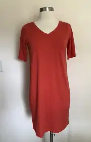 Eileen Fisher Red Lory Fine Tencel Jersey V-Neck Shift Dress Sz PP $168 NEW