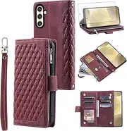 [Asuwish] Mobile Phone Case for Samsung Galaxy S24 5G Case with Strap Film Screen Protector Card Slot Foldable Leather Wallet Stand S 24 24S S24 Case Mobile Phone Cases Protective Zip Phone Case Red