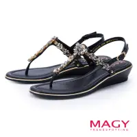 在飛比找momo購物網優惠-【MAGY】鑽花T字夾腳楔型低跟涼鞋(黑色)