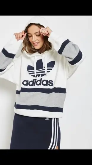 Adidas Originals TREFOIL HOODIE 長板 條文 米白 藍 三葉草 BS4292