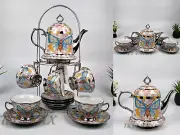 15Pcs Tea Set With Rack Cups Saucers Teapot China Tea Pot Coffee Kitchen Set