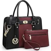 [MKP COLLECTION] MKP Women Satchel Handbags Purses Two tone Top Handle Tote Shoulder Bags with Matching Wristlet Wallet Set 2pcs