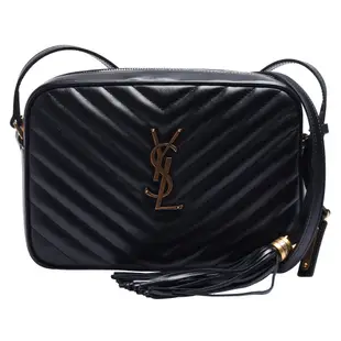 YSL 經典MONOGRAM系列V字縫線小牛皮復古金屬LOGO流蘇斜背包(黑色)