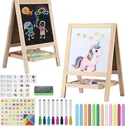 Tabletop Painting Wooden Art Easel for Kids - 4-in-1 Double-Sided Drawing Board for Toddlers 2-4, Chalkboard & Dry Whiteboard with Chalk,Markers, Eraser, Magnetic Letters/Numbers & Flashcards
