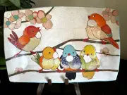 Three Wheel Studio Art Pottery Bird Platter Tray Dish Footed Signed 16.25x11 NEW