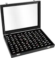 Bivisen Ring Display Case Organizer Box with Transparent Lid, 100 Slots Ring Storage Display Box Case Tray Holder PU Leather Black