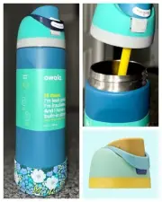 Owala BUNDLE: “Blue Shark” NWT 24 oz Blue/Aqua FreeSip - Extra Lid, Floral Boot