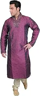 [Exotic India] Raspberry-Radiance Wedding Kurta Pajama with Hand-E - Multicoloured