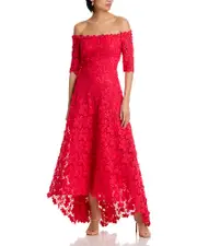 Teri Jon by Rickie Freeman 3D Flower Lace Off Shoulder High Low Gown