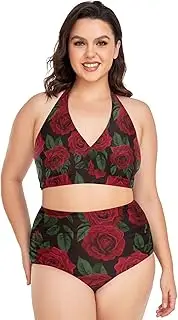 [Caihoyu] Plus Size Bikini for Ladies Tummy Control Bathing Suits High Waisted Bikini Swimwear Red Roses L
