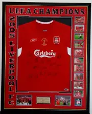 LIVERPOOL FC UEFA CHAMPIONS LEAGUE WINNERS 2005 SIGNED FRAMED JERSEY