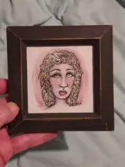 Woman With Bird In Hair Whimsical Small Watercolor Painting Framed Folk Art