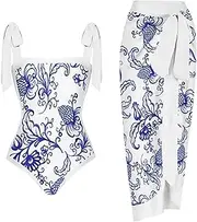[Generic] Womens Bathing Suit Bottoms Shorts Ladies Vintage Flat Neck Lace Up Floral Pattern Line Print Bikini Swimsuit Cover Up Set Swim Romper Swimsuits for Women