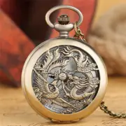 Vintage Lucky Phoenix Dragon Pattern Analog Quartz Pocket Watch Chain Men Women