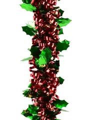 Red Ribbon Look & Green Holly Leaf Christmas Tinsel Garland - 2.7m