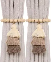 2Pcs Wooden Bead Curtain Tiebacks，Magnetic Curtain Tiebacks，Boho Curtain Tieback