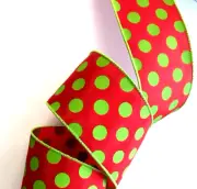 Christmas Whymsical Elf 2 1/2" by 5 yds Red w Lime Green Polka Dots Wired Ribbon