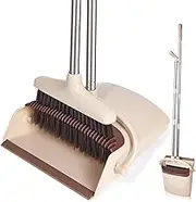 XXFLOWER Broom and Dustpan Set with Long Handle, Light Weight Stainless Steel Poles Stand Upright Dustpans with Broom Combo for Home Kitchen Office Pet Dog Hair, Brown & Beige Color, 1-Pack