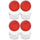 Pyrex (4) 7200 Clear Glass Storage Bowls & (4) 7200-PC Poppy Red Plastic Lids