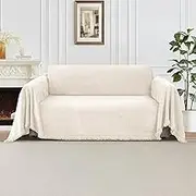 Smarcute Beige Sofa Cover for 3 Cushion Couch Solid Chenille Sofa Slipcover Blanket Throws for L Shape Sectional Couch Covers Throw Covers for Pets Dog Kids(X-Large,180x340cm)