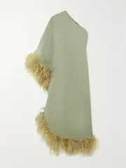 [Taller Marmo] Taller Marmo - Ubud One-shoulder Feather-trimmed Crepe Maxi Dress - Sage green - IT44 IT 44 Green
