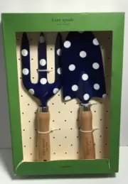 KATE SPADE 2 PC GARDEN HAND TOOLS SET Trident Trowel NAVY DOTS White NIB