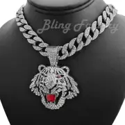 Iced Large Silver Tiger Pendant 16" ~ 24" Iced Cuban Choker Chain Bling Necklace