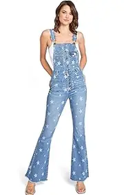 [Lana Roux] Button Bib Star Print Denim Jumpsuit Bell Bottom Flare Overalls