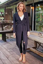 Marisole Black Drape Tie Waist Long Cardigan