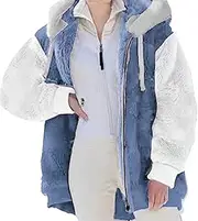 [Qolkmuiy-GJ] Women Casual Plus Size Fleece Jacket Sherpa Hoodie Lined Zip Up Outwear Winter Plush Teddy Bear Coat with Hood (Blue,S), Blue, S
